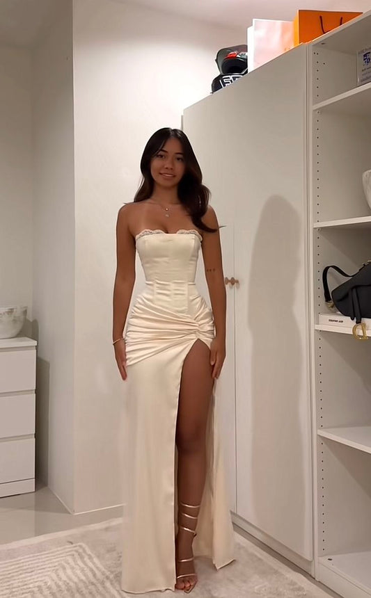 Elegante vestido de fiesta largo de satén con abertura y corte sirena, sin tirantes, para verano, para 20 cumpleaños y 18 años, DH813