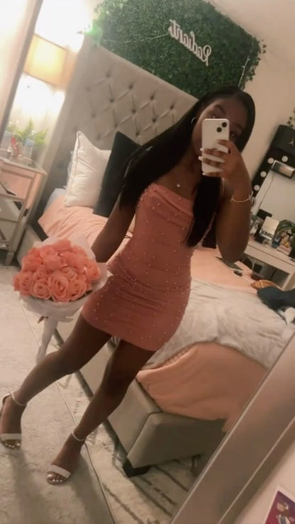 Bonito vestido rosa corto con tirantes finos para fiesta de 8.º grado, vestido de verano para escuela secundaria, vestido de fiesta DH814