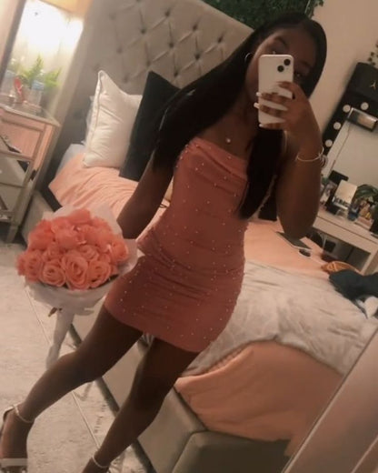 Bonito vestido rosa corto con tirantes finos para fiesta de 8.º grado, vestido de verano para escuela secundaria, vestido de fiesta DH814