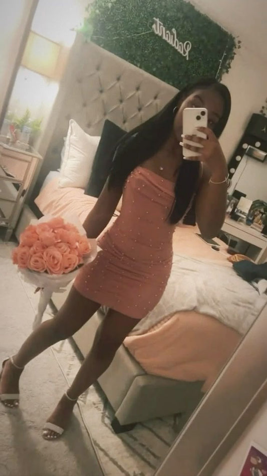 Bonito vestido rosa corto con tirantes finos para fiesta de 8.º grado, vestido de verano para escuela secundaria, vestido de fiesta DH814