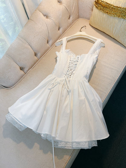 Vestido corto de encaje cuadrado con corte en A para fiesta de verano, para escuela secundaria, 8.º grado, fiesta de verano, blanco, DH81