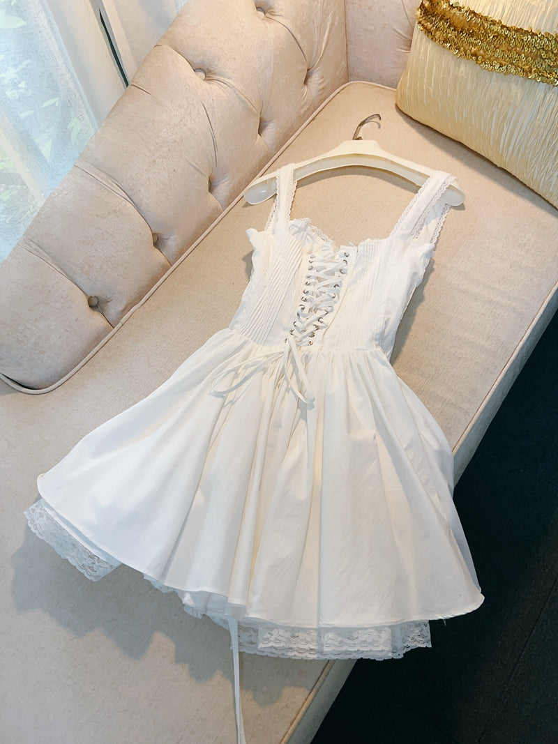 Vestido corto de encaje cuadrado con corte en A para fiesta de verano, para escuela secundaria, 8.º grado, fiesta de verano, blanco, DH81