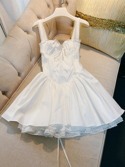 Vestido corto de encaje cuadrado con corte en A para fiesta de verano, para escuela secundaria, 8.º grado, fiesta de verano, blanco, DH81