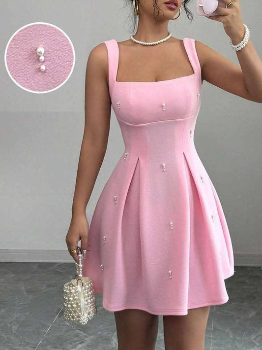 Hermoso vestido rosa corto de fiesta de octavo grado, corte A, escote cuadrado, sin mangas, estilo hoco, para verano, para escuela secundaria, DH826