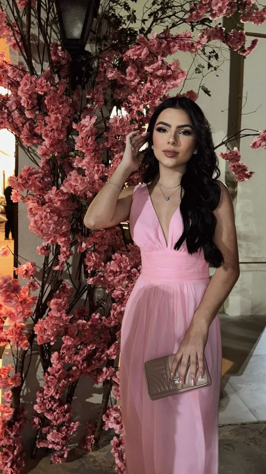 Elegante vestido de fiesta largo de gasa rosa con escote en V y corte A, para verano, para 20 cumpleaños y 18 años, DH838