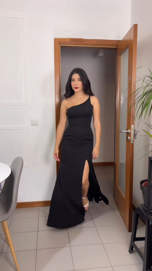 Elegante vestido de fiesta de satén negro con un solo hombro, para verano, para 20 cumpleaños y 18 años, DH843