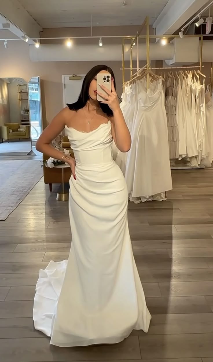 Vestido de novia clásico de sirena sin tirantes, de satén, largo, blanco, elegante, DH852