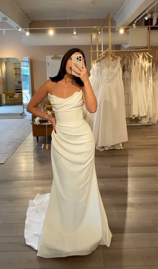 Vestido de novia clásico de sirena sin tirantes, de satén, largo, blanco, elegante, DH852