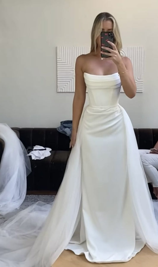 Vestido de novia clásico de sirena sin tirantes, de satén, largo, blanco, elegante, DH856
