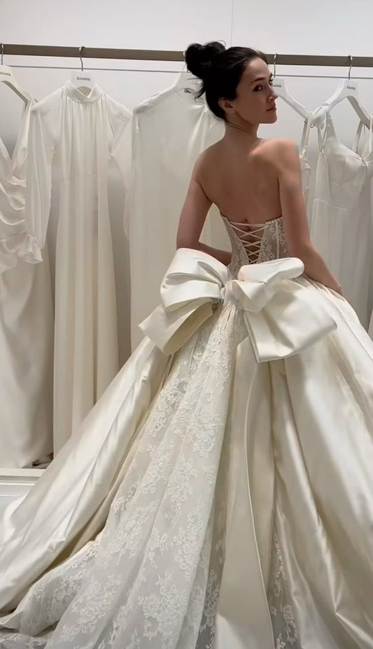 Vestido de novia etéreo, largo, blanco, sin tirantes, de encaje, DH857