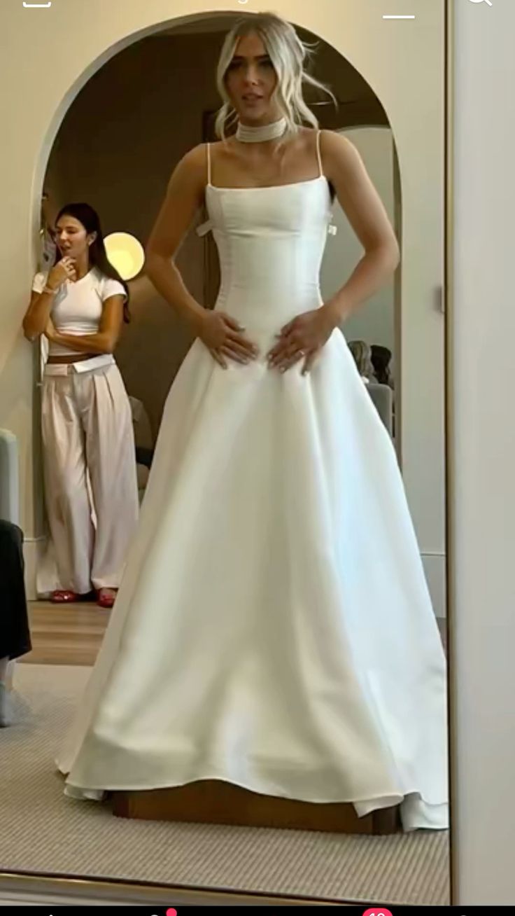 Vestido de novia etéreo, corte A, tirantes finos, satén, largo, blanco, DH859