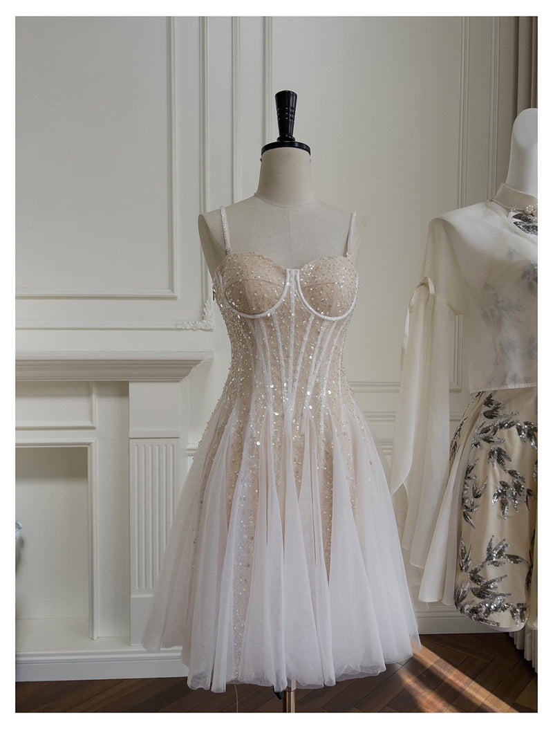 Vestido corto de verano con tirantes finos, corte A, lentejuelas color champán, para regreso a casa, para escuela secundaria, octavo grado, DH85