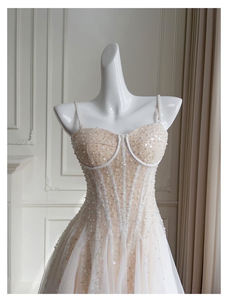 Vestido corto de verano con tirantes finos, corte A, lentejuelas color champán, para regreso a casa, para escuela secundaria, octavo grado, DH85