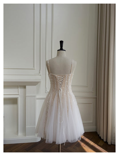 Vestido corto de verano con tirantes finos, corte A, lentejuelas color champán, para regreso a casa, para escuela secundaria, octavo grado, DH85
