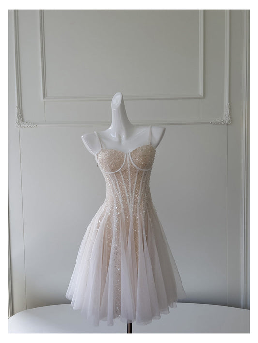 Vestido corto de verano con tirantes finos, corte A, lentejuelas color champán, para regreso a casa, para escuela secundaria, octavo grado, DH85