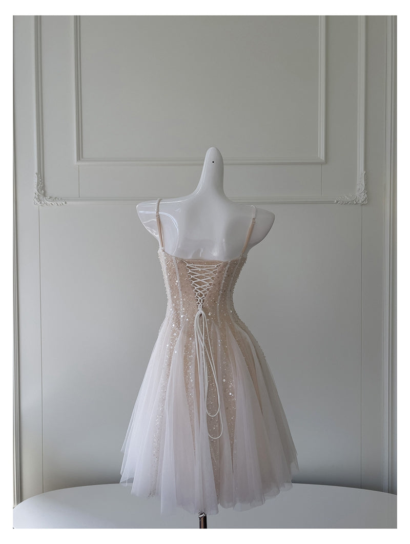 Vestido corto de verano con tirantes finos, corte A, lentejuelas color champán, para regreso a casa, para escuela secundaria, octavo grado, DH85