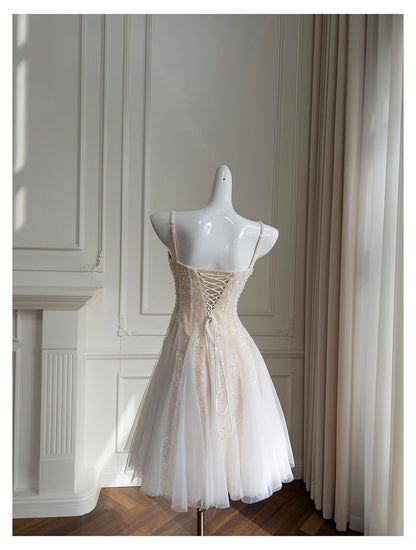 Vestido corto de verano con tirantes finos, corte A, lentejuelas color champán, para regreso a casa, para escuela secundaria, octavo grado, DH85