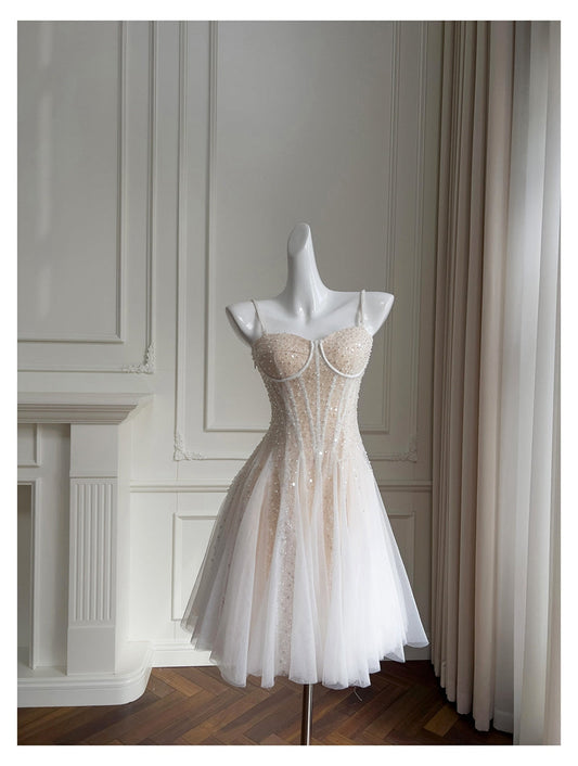 Vestido corto de verano con tirantes finos, corte A, lentejuelas color champán, para regreso a casa, para escuela secundaria, octavo grado, DH85