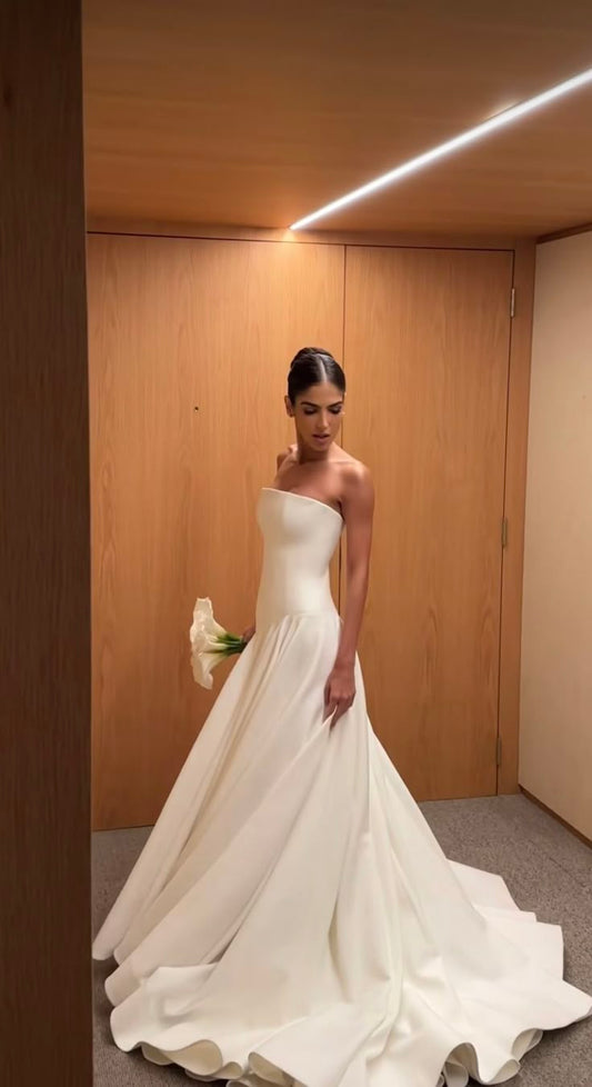Vestido de novia clásico, vestido de fiesta, sin tirantes, sin mangas, de satén, largo, blanco, elegante, DH861