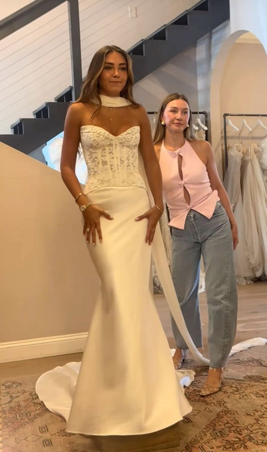 Vestido de novia clásico de corte sirena, escote corazón, sin mangas, satén, largo, blanco, elegante, DH865
