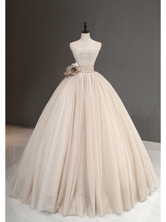 Vestido de novia único, sin tirantes, de tul champán, largo, con cuentas plateadas, elegante, DH866