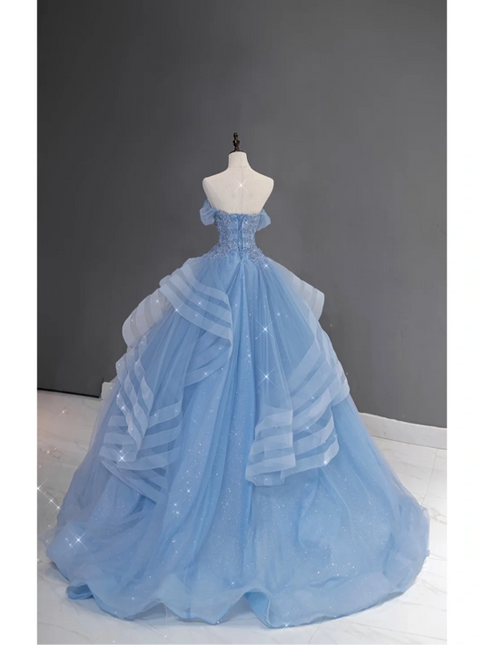 Hermoso vestido de quinceañera largo de tul azul con hombros descubiertos, vestido formal de 15 años, vestido de dulce 16 DH866