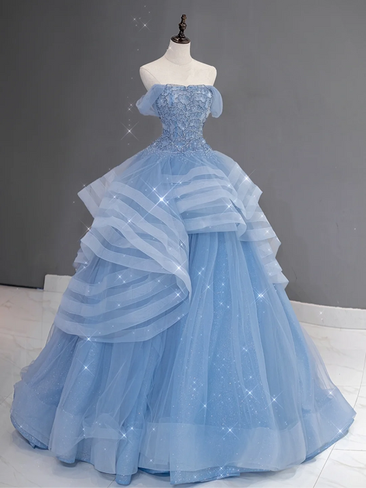 Hermoso vestido de quinceañera largo de tul azul con hombros descubiertos, vestido formal de 15 años, vestido de dulce 16 DH866
