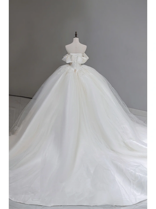 Vestido de novia atemporal, vestido de fiesta con hombros descubiertos, satén, largo, blanco, elegante, DH867