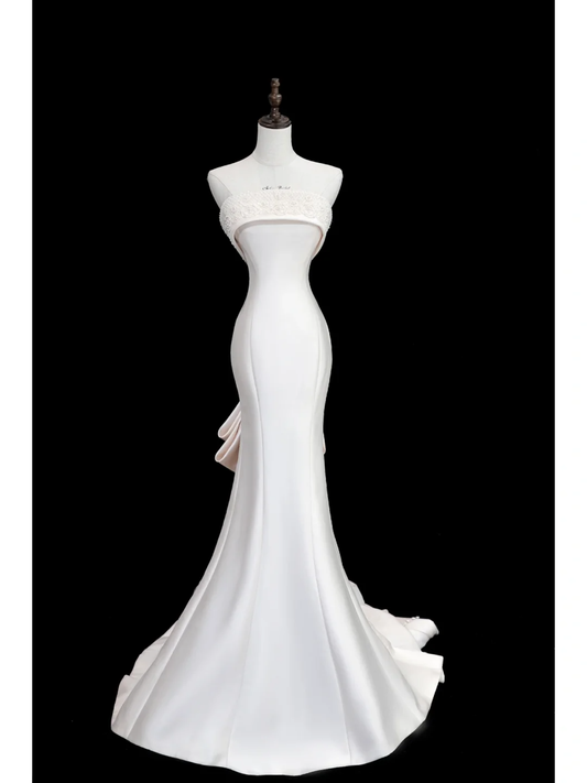 Vestido de novia clásico de sirena, sin tirantes, sin mangas, de satén, largo, blanco, elegante, DH868