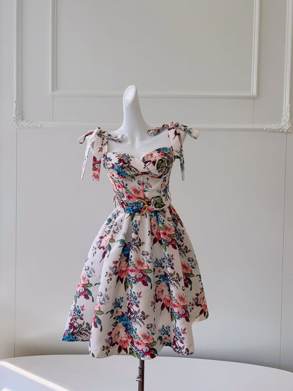 Vestido corto de satén con tirantes finos, corte A, floral, para fiesta de verano, para escuela secundaria, octavo grado, DH86