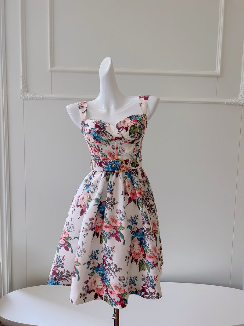 Vestido corto de satén con tirantes finos, corte A, floral, para fiesta de verano, para escuela secundaria, octavo grado, DH86