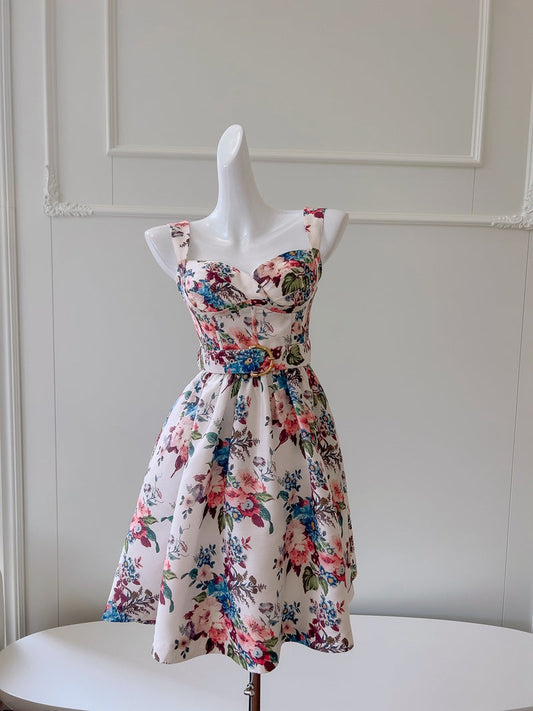 Vestido corto de satén con tirantes finos, corte A, floral, para fiesta de verano, para escuela secundaria, octavo grado, DH86