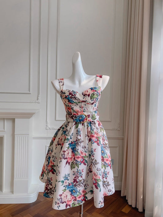 Vestido corto de satén con tirantes finos, corte A, floral, para fiesta de verano, para escuela secundaria, octavo grado, DH86