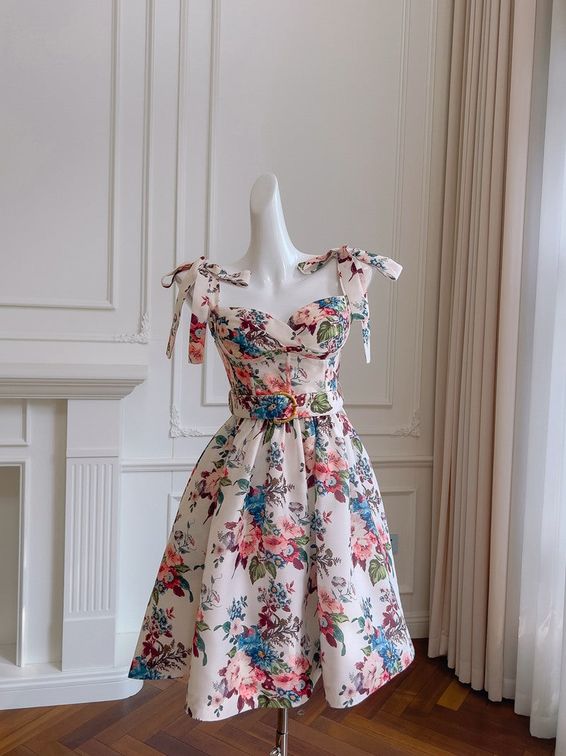 Vestido corto de satén con tirantes finos, corte A, floral, para fiesta de verano, para escuela secundaria, octavo grado, DH86