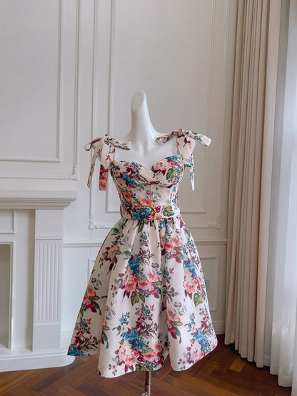 Vestido corto de satén con tirantes finos, corte A, floral, para fiesta de verano, para escuela secundaria, octavo grado, DH86