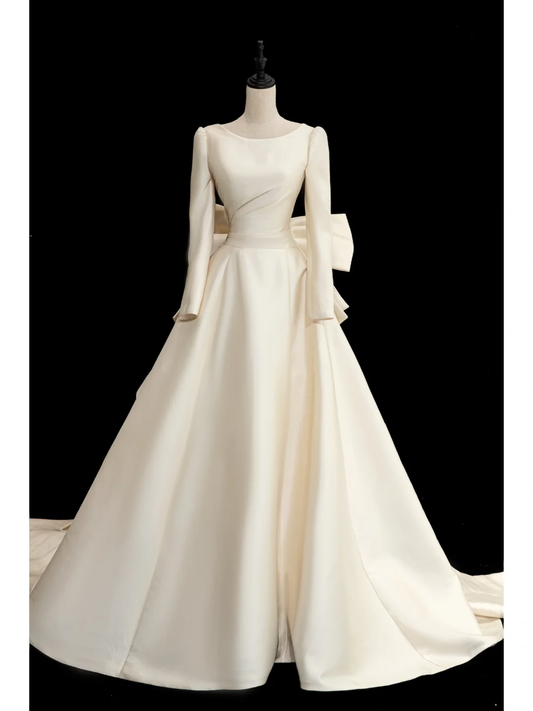 Vestido de novia atemporal, vestido de fiesta, escote redondo, mangas largas, satén, vestidos de novia largos, elegantes vestidos de novia DH871