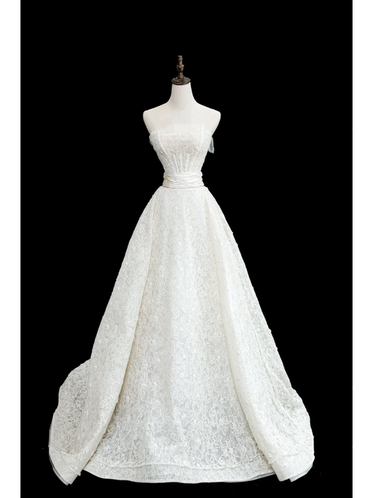 Vestido de novia atemporal, vestido de baile, sin tirantes, de encaje, largo, blanco, elegante, DH872