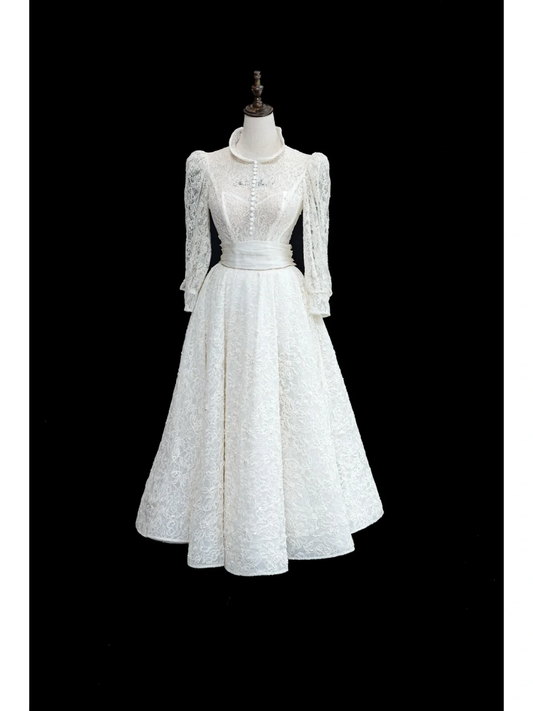 Vestidos de novia elegantes de corte A, escote redondo y encaje blanco, años 40 y 50, DH873