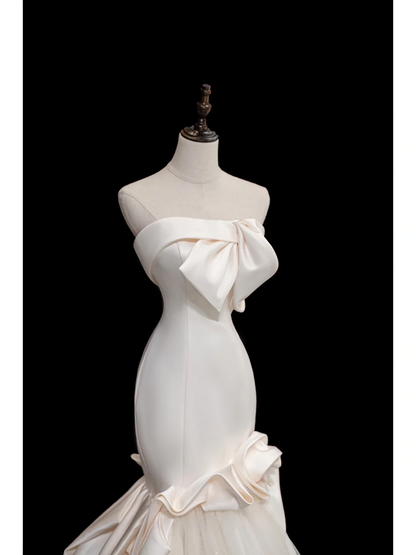 Vestido de novia atemporal de sirena sin tirantes, de satén, largo, elegante, DH874