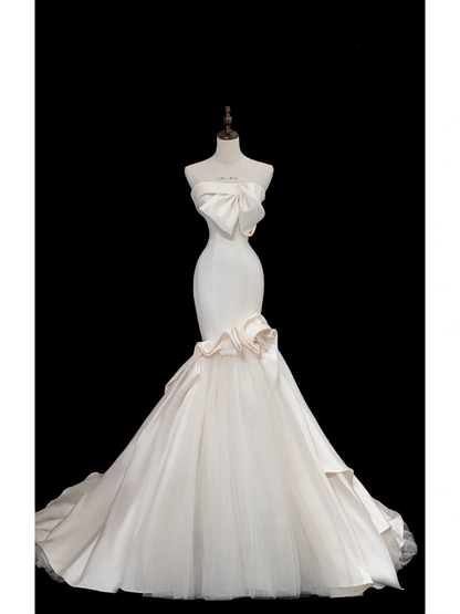 Vestido de novia atemporal de sirena sin tirantes, de satén, largo, elegante, DH874