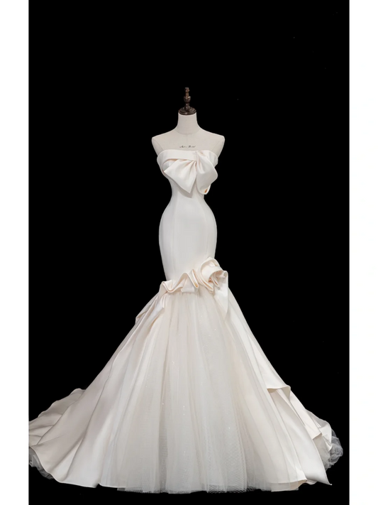 Vestido de novia atemporal de sirena sin tirantes, de satén, largo, elegante, DH874