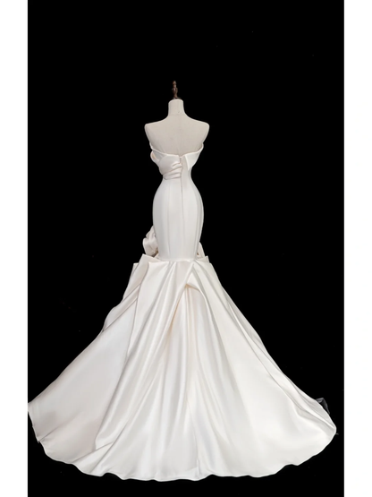 Vestido de novia atemporal de sirena sin tirantes, de satén, largo, elegante, DH874