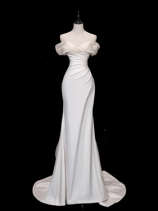 Vestido de novia clásico de sirena con hombros descubiertos, satén, largo, blanco, elegante, DH875