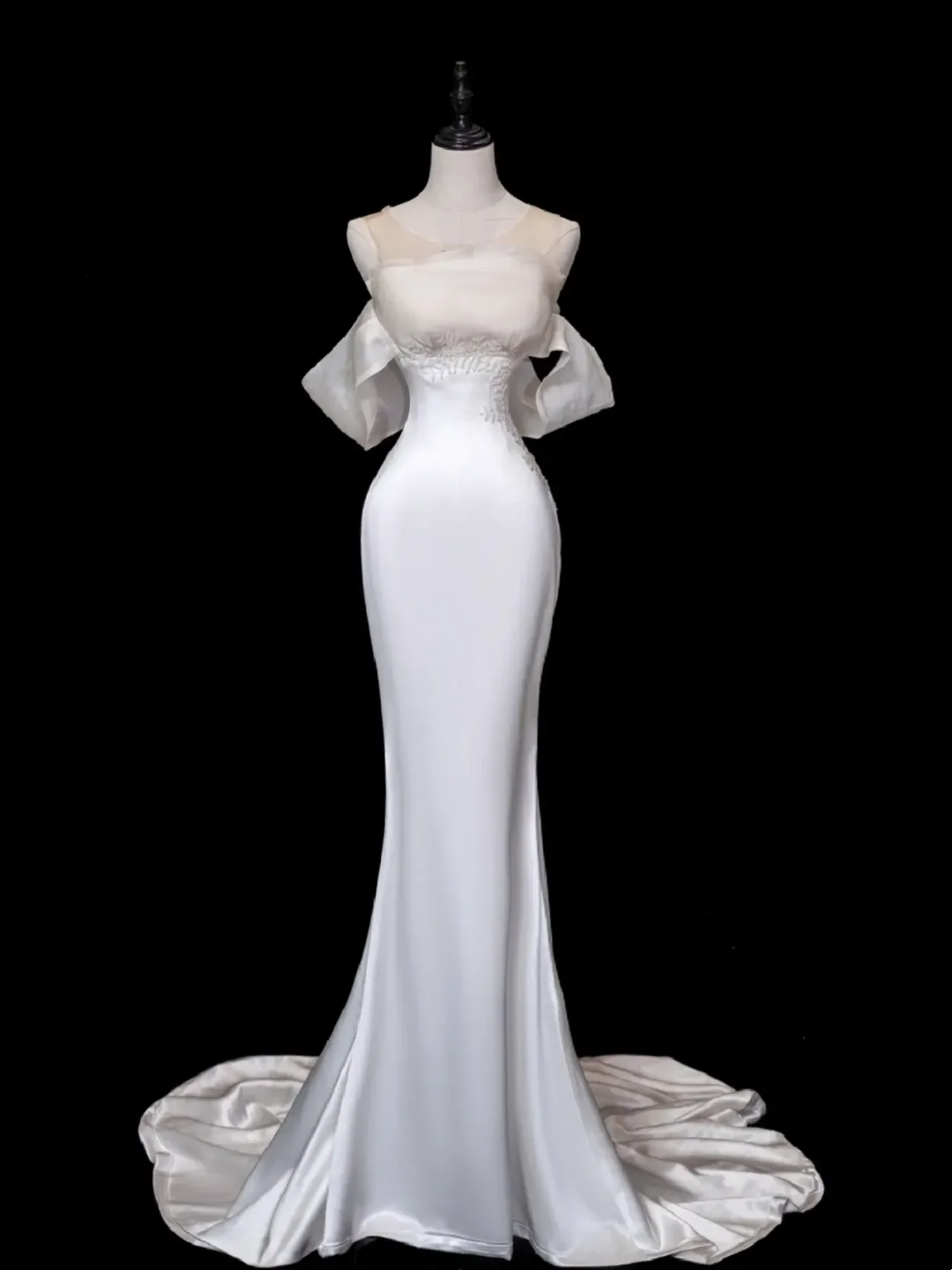 Hermoso vestido de novia de sirena con hombros descubiertos, de satén, largo y blanco, elegante, DH876