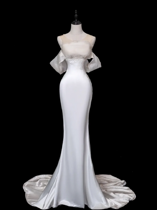 Hermoso vestido de novia de sirena con hombros descubiertos, de satén, largo y blanco, elegante, DH876