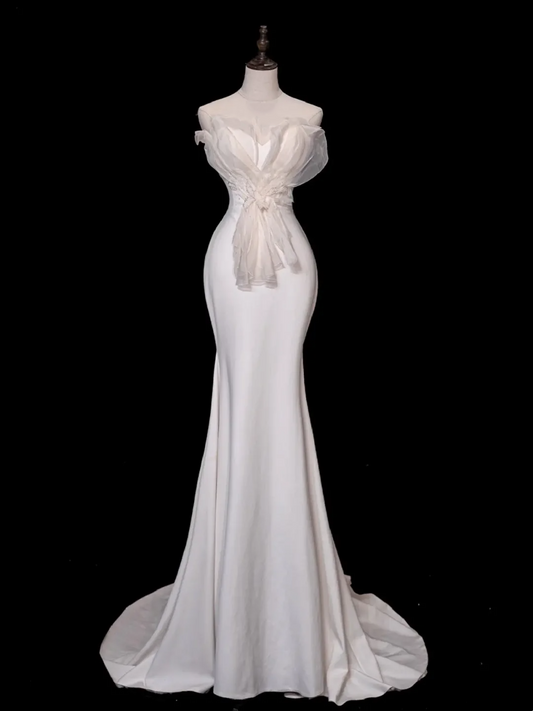 Vestido de novia atemporal de sirena sin tirantes, de satén, largo, blanco, elegante, DH877