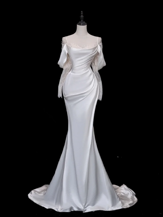 Hermoso vestido de novia de corte sirena con hombros descubiertos, de satén, mangas largas, blanco, elegante, DH878