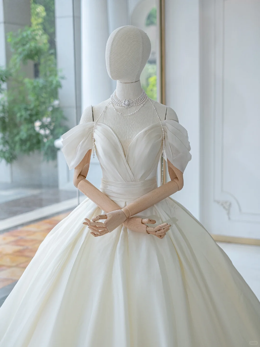 Vestido de novia atemporal, vestido de fiesta con hombros descubiertos, satén largo, blanco, elegante, DH879