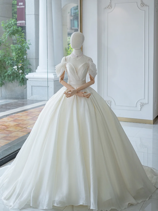 Vestido de novia atemporal, vestido de fiesta con hombros descubiertos, satén largo, blanco, elegante, DH879