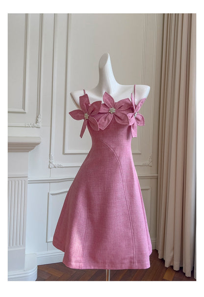 Vestido corto rosa de satén con tirantes finos y corte en A, con estampado floral, para regreso a casa, para verano, para escuela secundaria, octavo grado, DH87